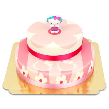 Hello Kitty figurer på en rosablommig tårta i två våningar