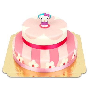 Hello Kitty figurer på en rosablommig tårta i två våningar