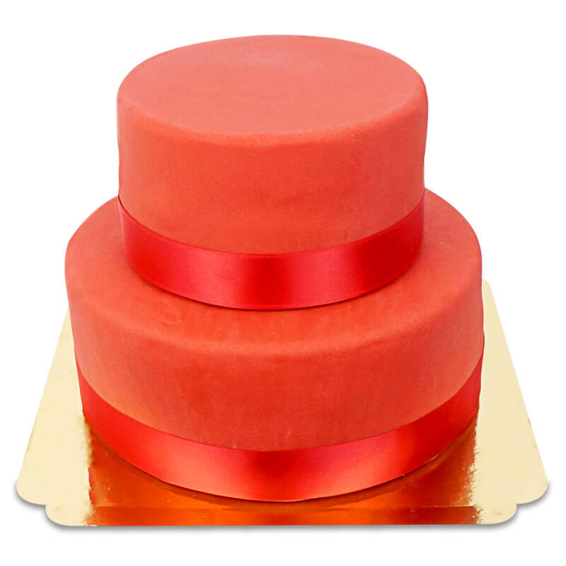 Röd deluxetårta med tårtband, två våningar
