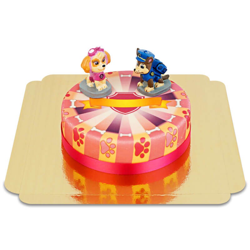 Paw Patrol auf pinker Hundepfoten-Torte