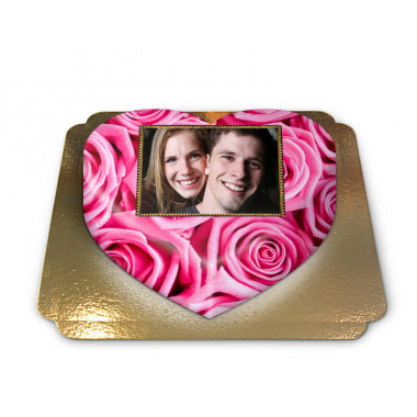 Fototårta med rosa rosor i hjärtform
