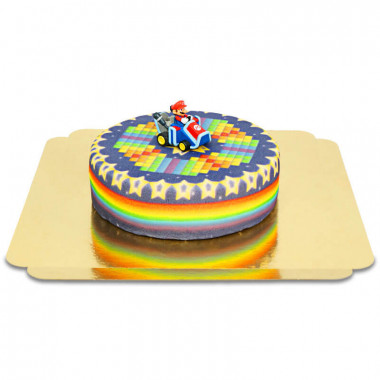 Mario kart på regnbågsbana-tårta