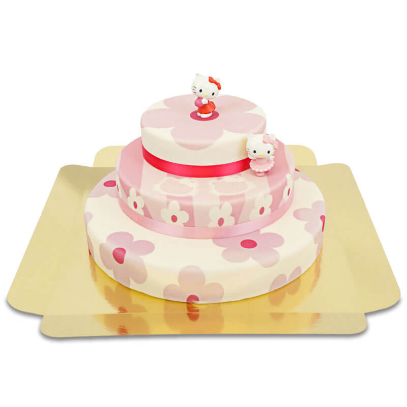Hello Kittys på blomstrande tårta
